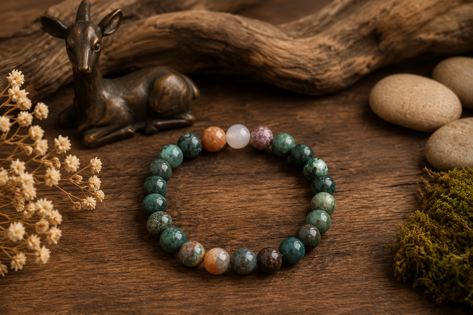 Bracelet énergies - perles vertes et pierres colorées